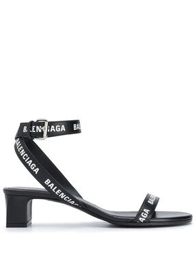 Balenciaga Allover Logo Ankle Strap Block Heel Sandals Black Sz 37.5